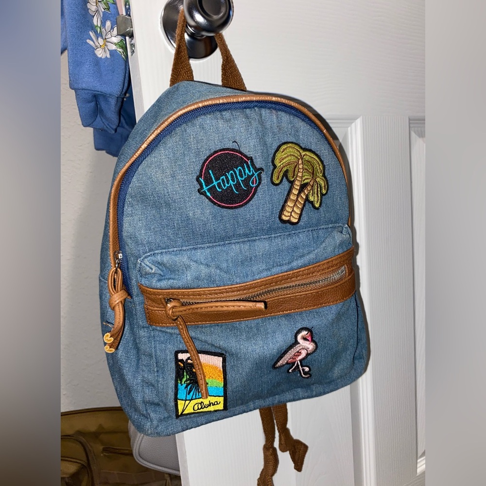 mini jean backpack with patches